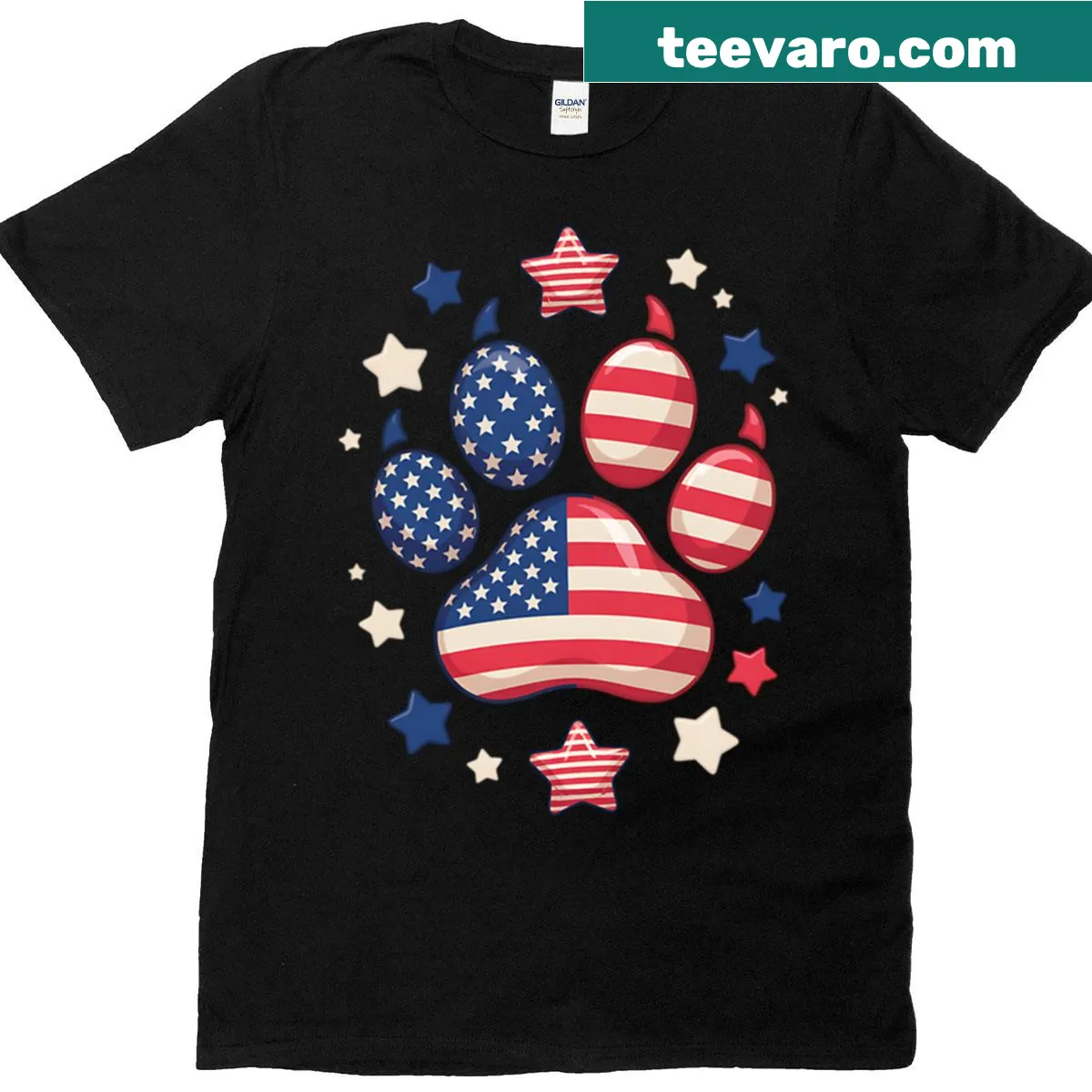 T-shirt featuring paw print and American flag design — on a men's t-shirt