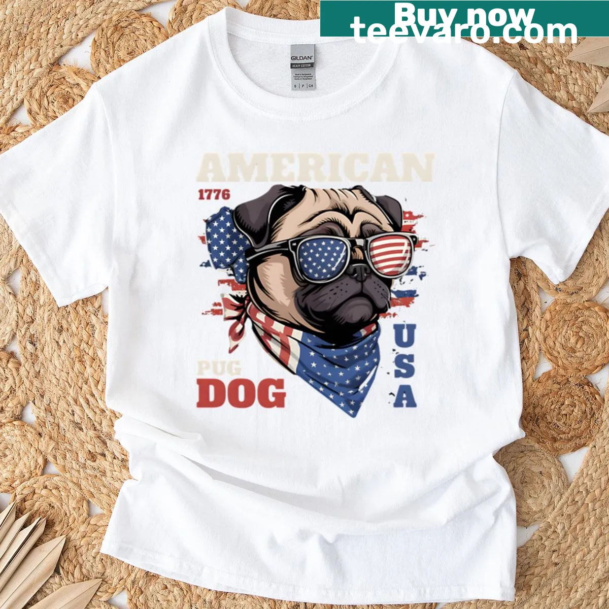 Illustration of a patriotic pug with sunglasses and bandana on a t-shirt — on a men's t-shirt