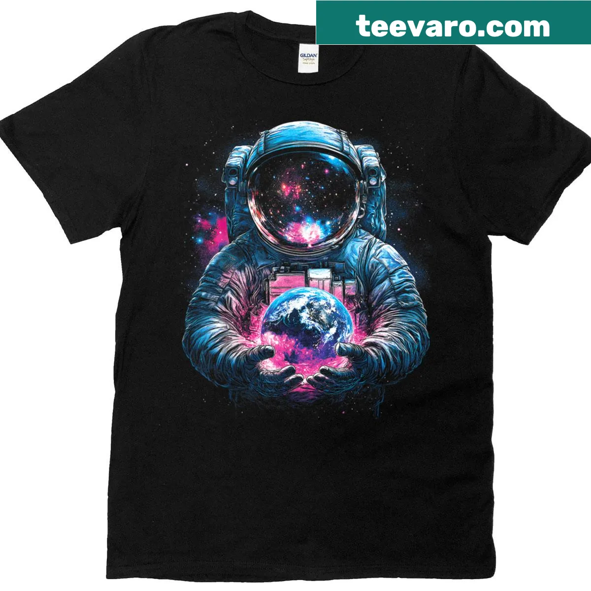 Astronaut and outer space-themed t-shirt featuring Earth and galaxy imagery — on a men's t-shirt