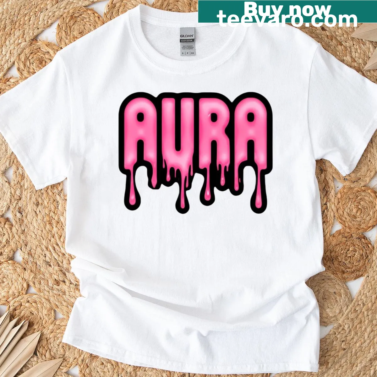 Trendy T-shirt with aesthetic drip text design — on a men's t-shirt