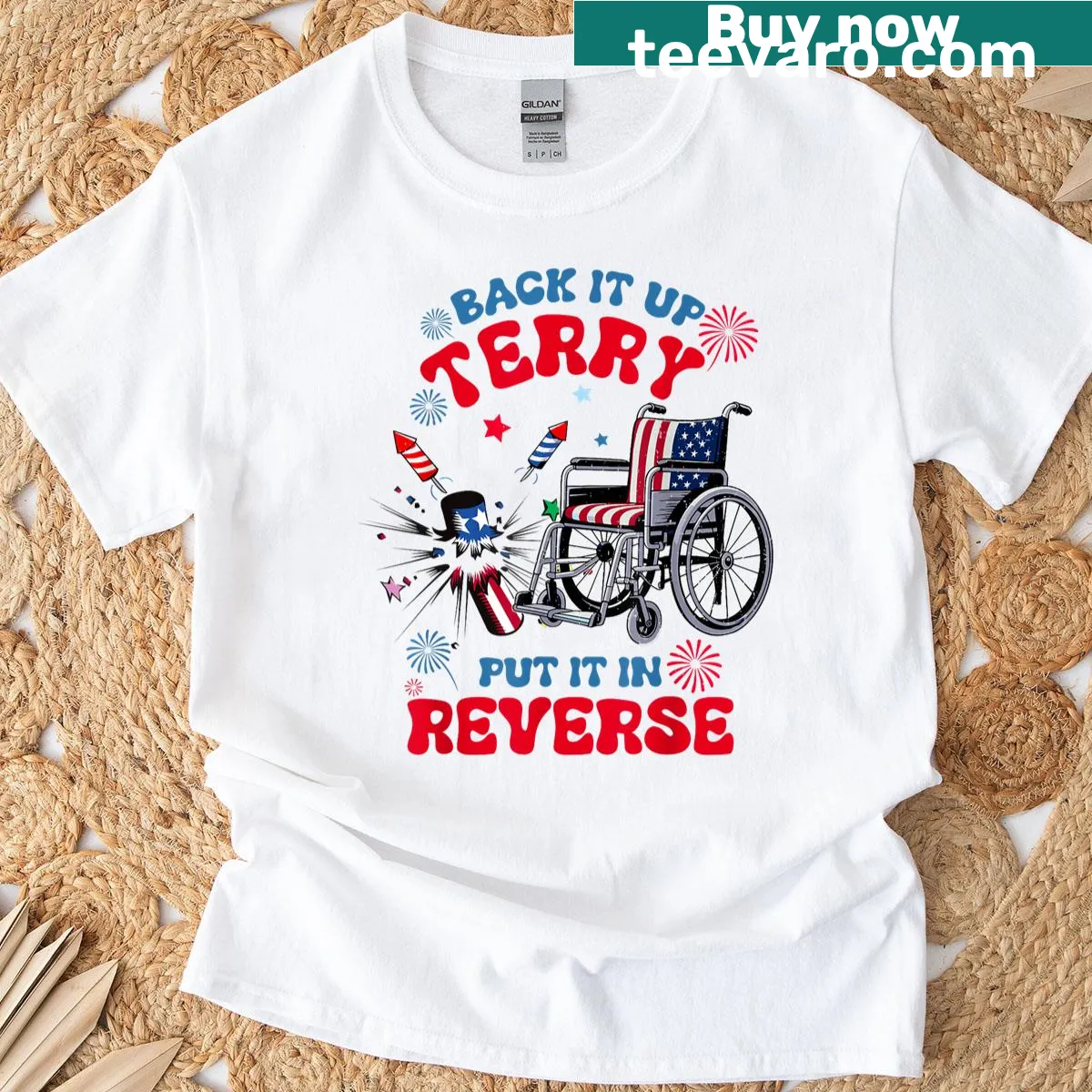 Funny 4th of July t-shirt with the phrase 'Back It Up Terry' in bold letters — on a men's t-shirt