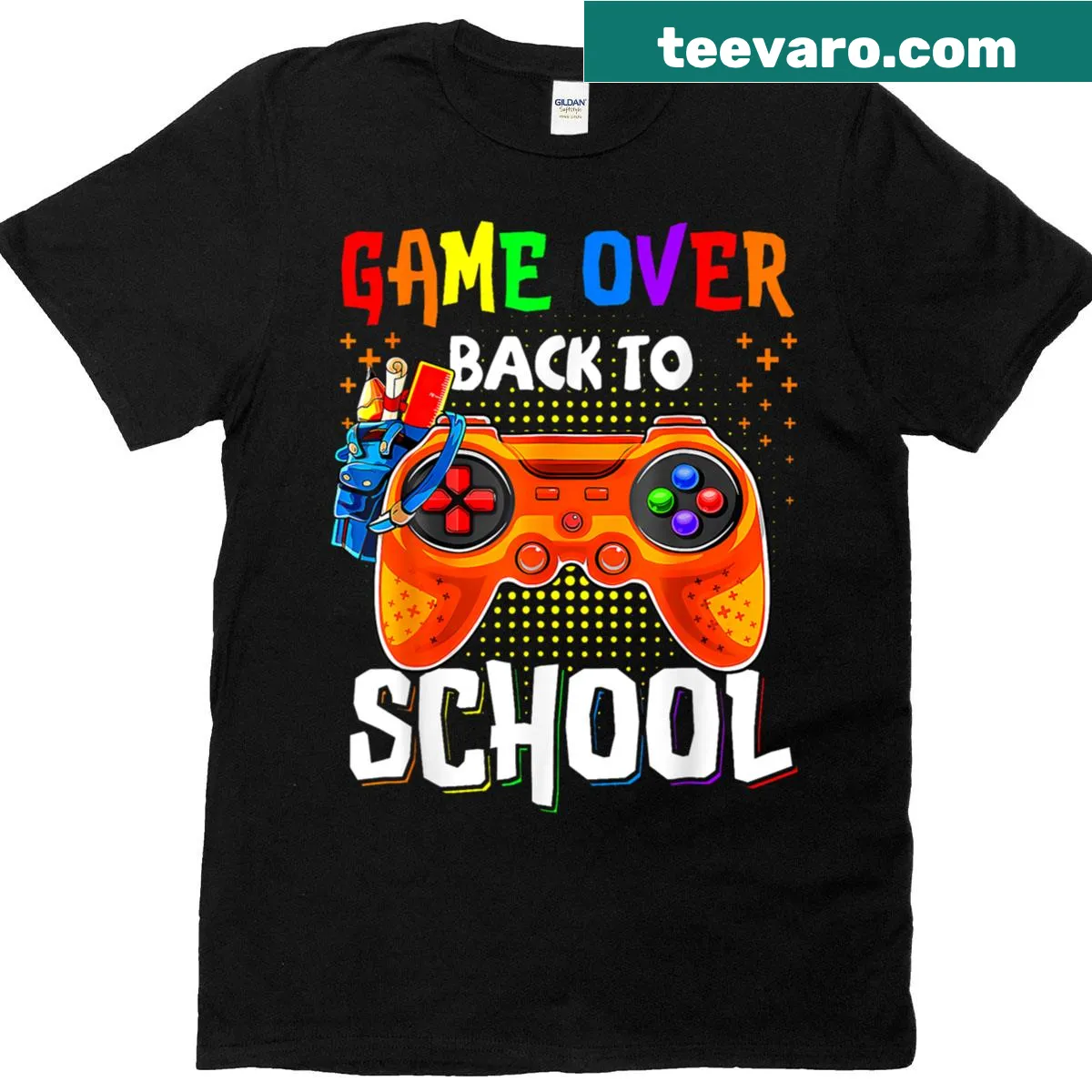 Funny teacher-student t-shirt with game over graphics and controller — on a men's t-shirt