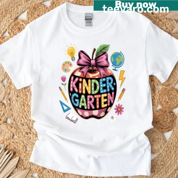 Kindergarten themed t-shirt celebrating back to school with playful graphics