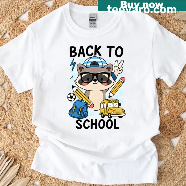 Cute raccoon illustration on a first day of school t-shirt for kids