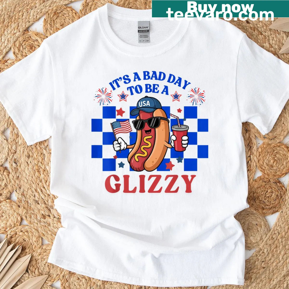 Funny 4th of July hot dog graphic t-shirt with vintage distressed text — on a men's t-shirt