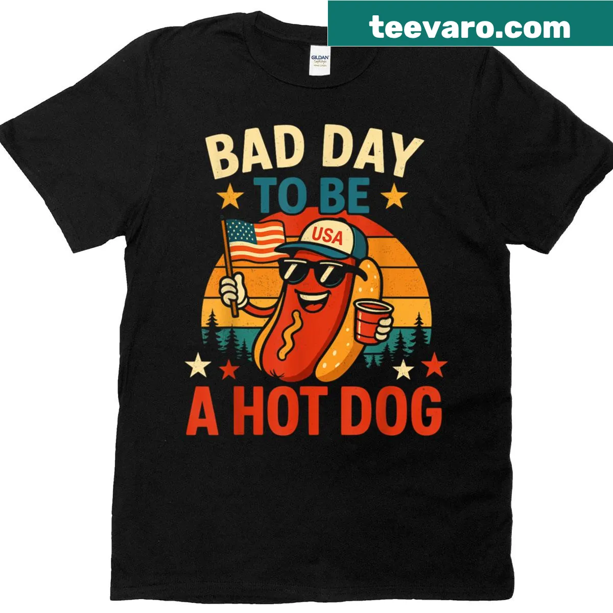 Funny 4th of July t-shirt with a playful hot dog design — on a men's t-shirt