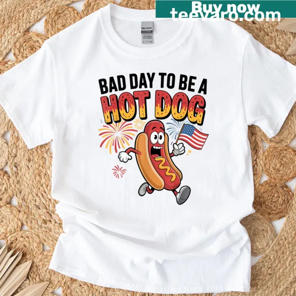 Funny 4th of July T-shirt with humorous hot dog graphic