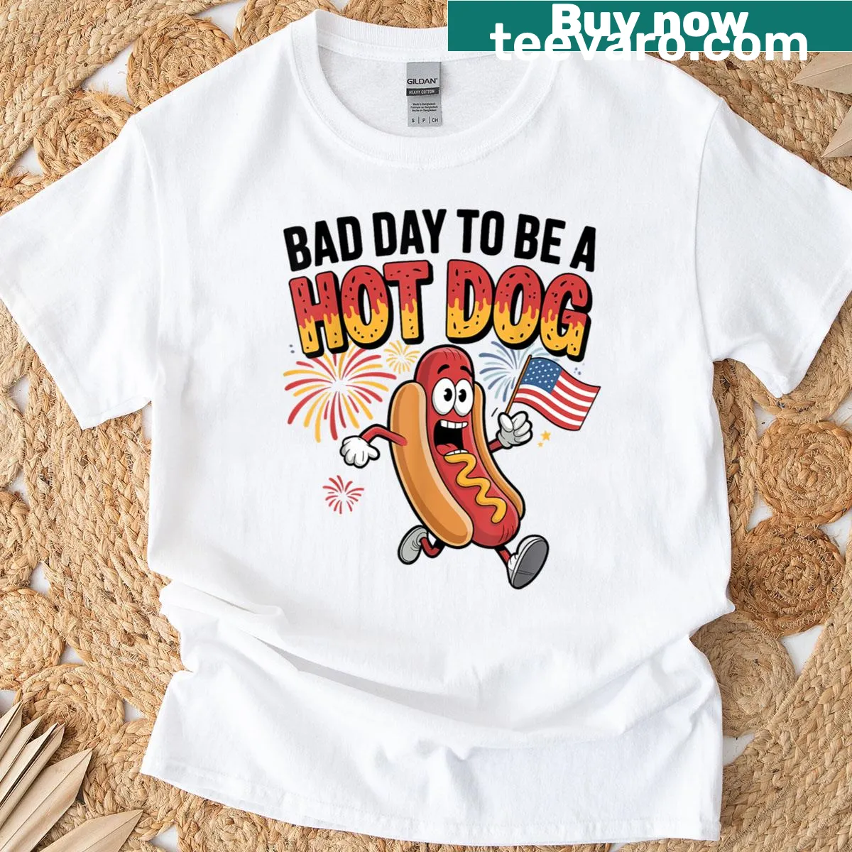 Funny 4th of July T-shirt with humorous hot dog graphic — on a men's t-shirt