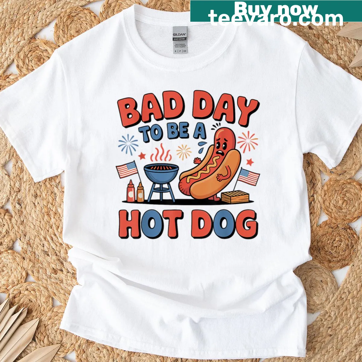 Oversized Funny BBQ Fourth of July t-shirt with 'Bad Day To Be A Hot Dog' — on a men's t-shirt