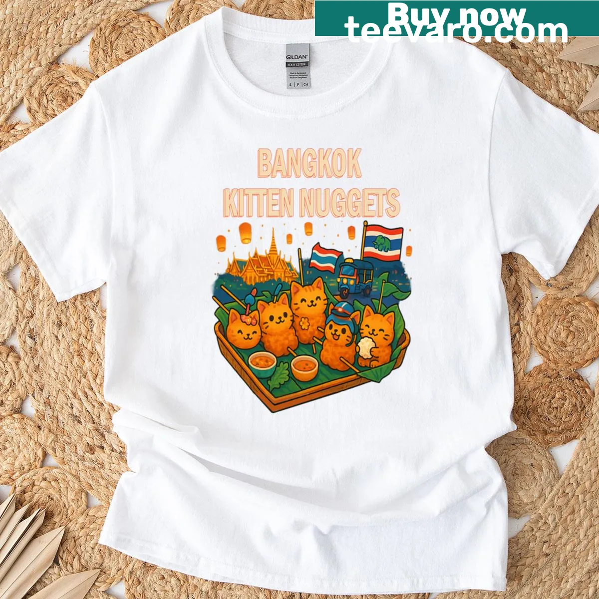 Cute T-shirt with illustrated kitten nuggets on skewers — on a men's t-shirt