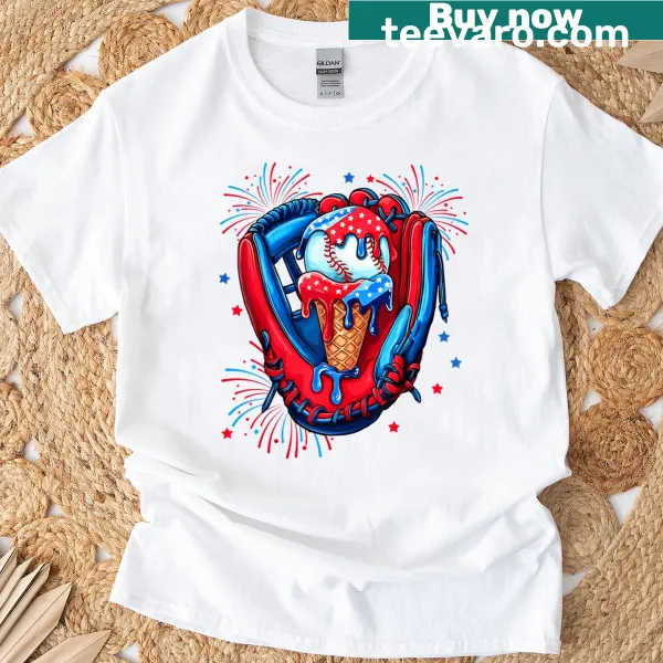 T-shirt featuring baseball glove with ice cream and American flag design
