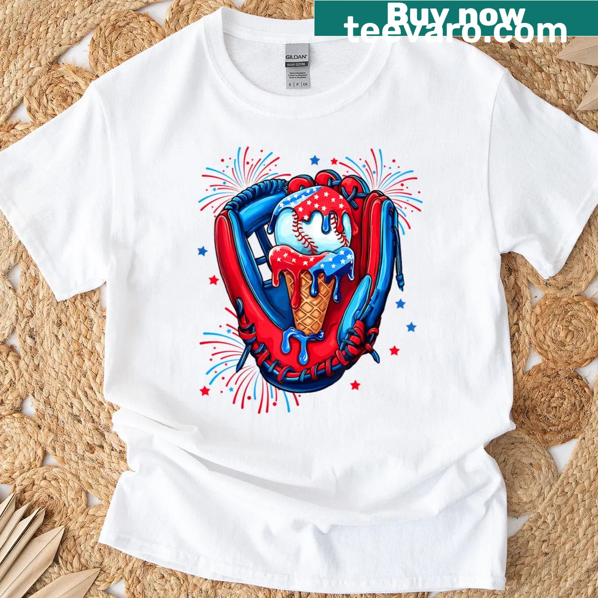 T-shirt featuring baseball glove with ice cream and American flag design — on a men's t-shirt