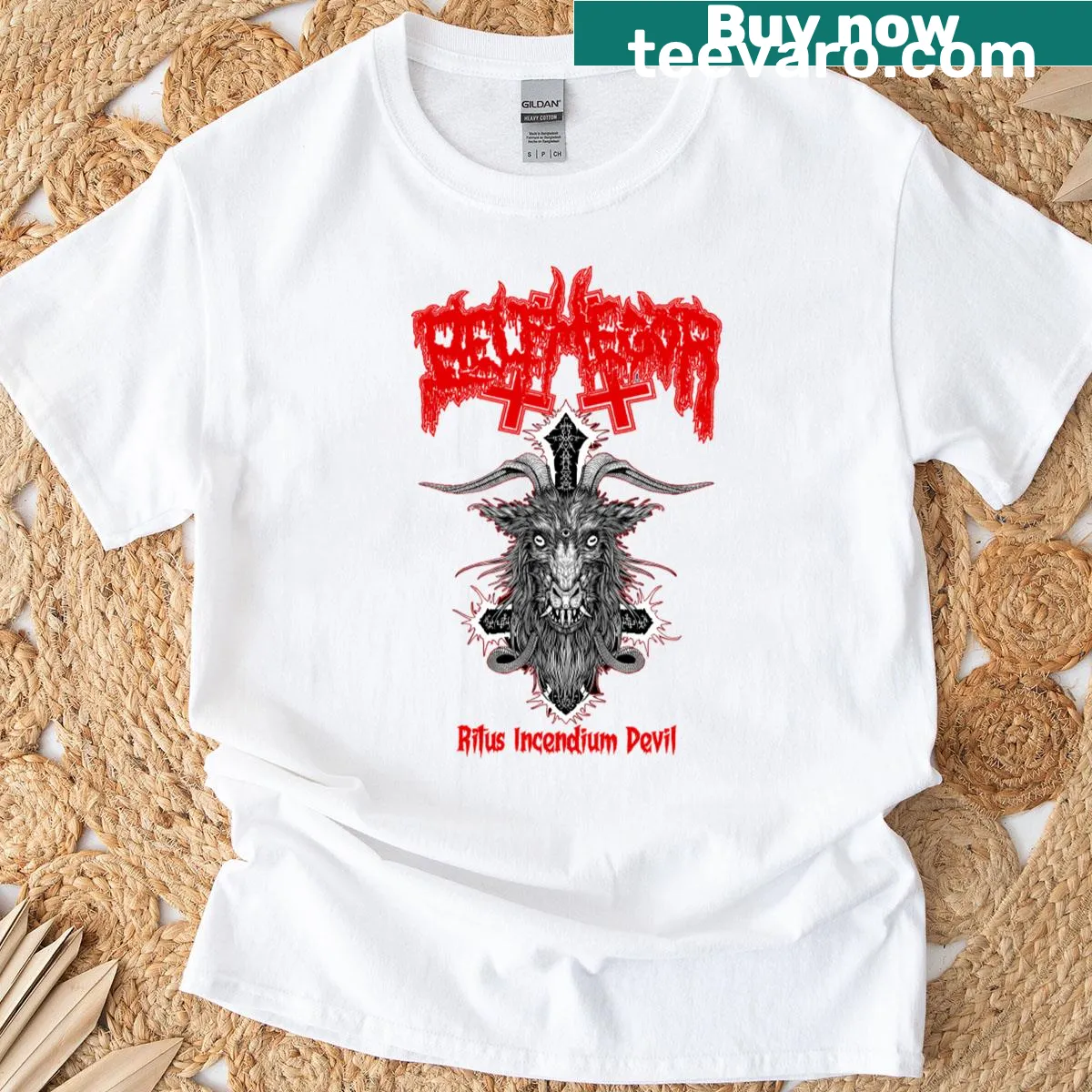 Devil-themed T-shirt featuring Belphegor graphic — on a men's t-shirt