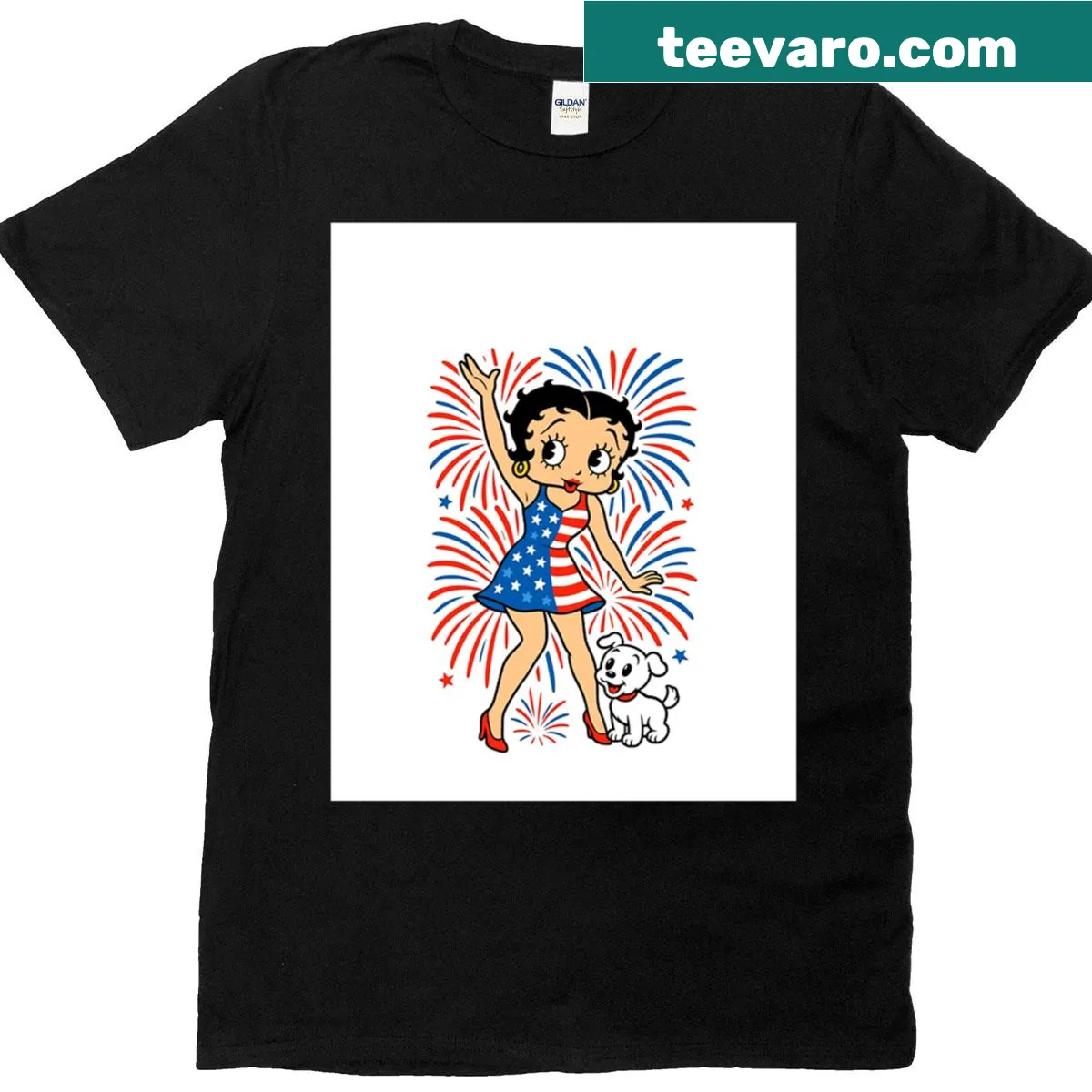 Patriotic cartoon design featuring a pinup girl and dog for July 4th — on a men's t-shirt
