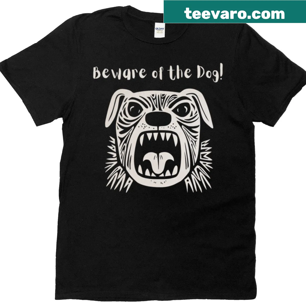 Vintage-style 'Beware Of The Dog' graphic on a funny T-shirt — on a men's t-shirt