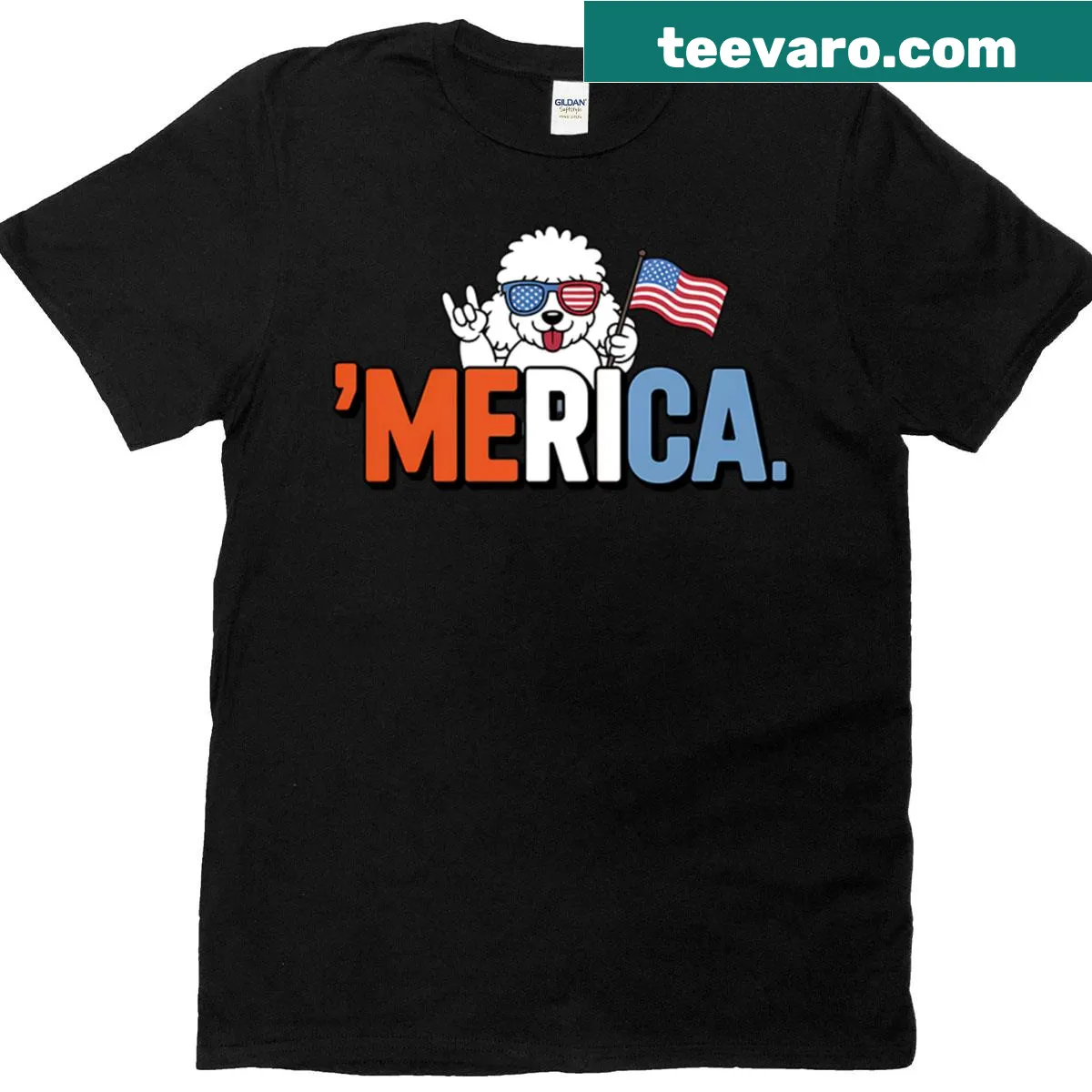 Illustration of a Bichon Frise with an American flag on a T-shirt — on a men's t-shirt