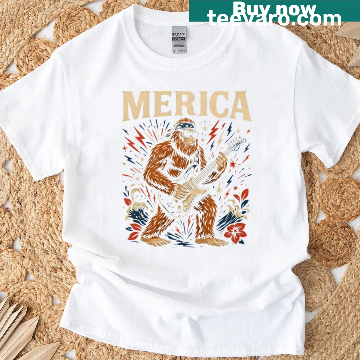 Bigfoot graphic with USA flag for 4th of July T-shirt — on a men's t-shirt
