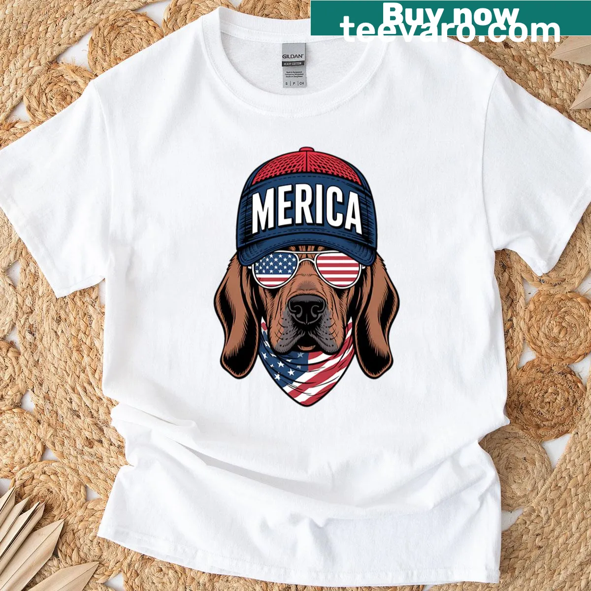 Oversized T-shirt featuring an American flag-wearing bloodhound — on a men's t-shirt