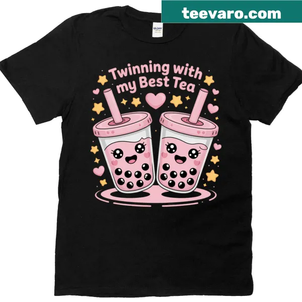 T-shirt with the pun 'Twinning With My Best Tea' in whimsical typography