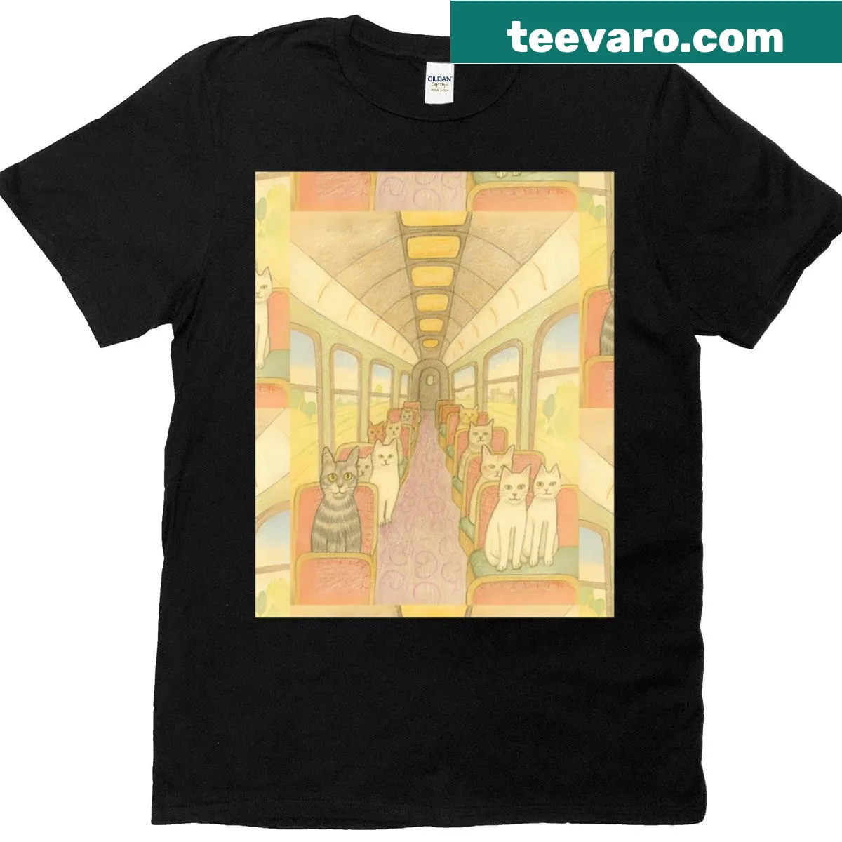 Graphic T-shirt of cats riding a train for travel and cat lovers — on a men's t-shirt