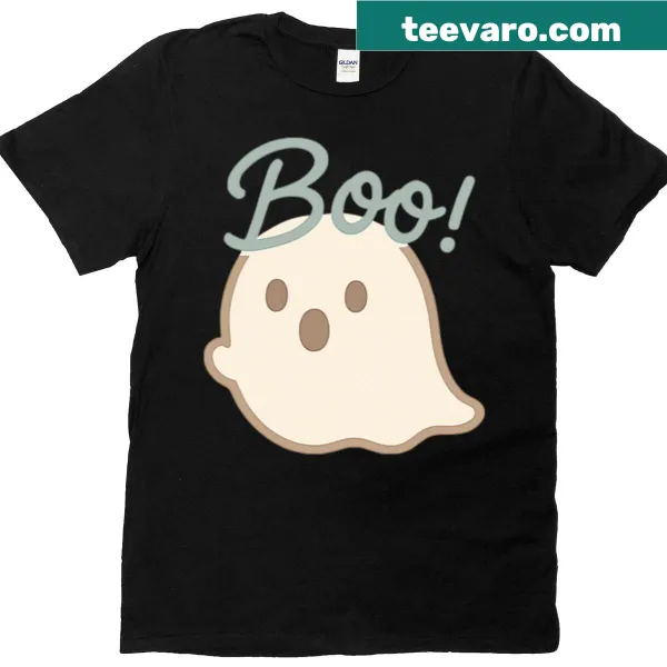 Kawaii ghost illustration on a Halloween-themed T-shirt