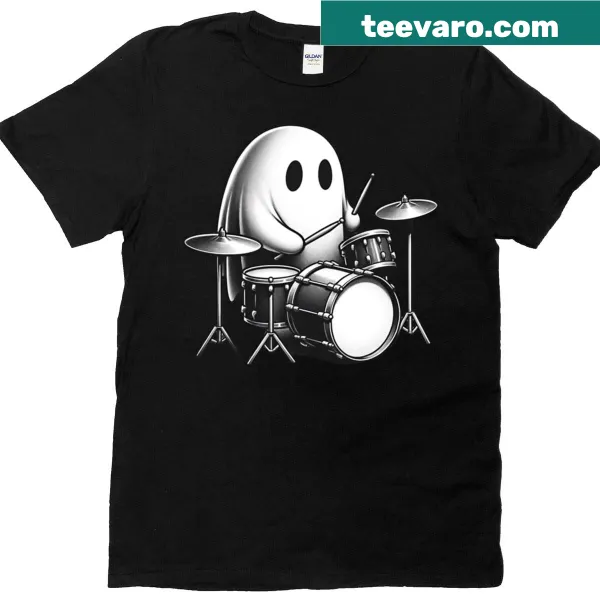 Funny ghost playing drums graphic on a Halloween T-shirt