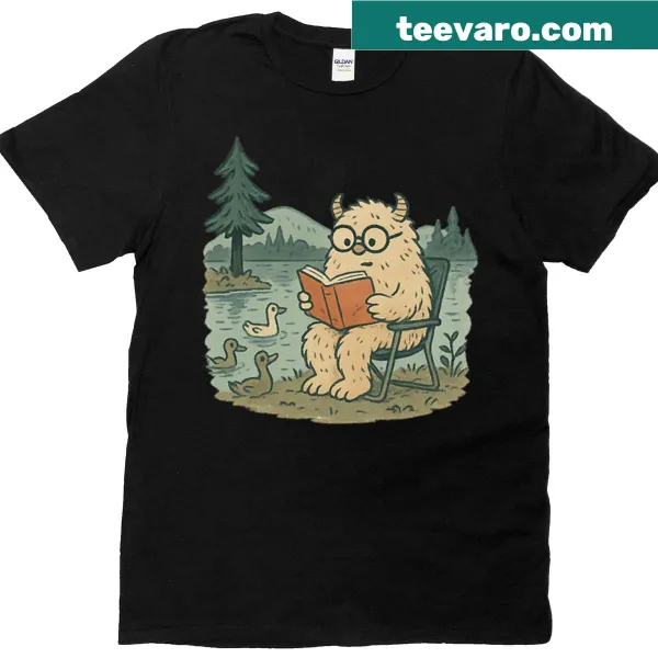 Illustration of a lake monster with ducks in a whimsical style