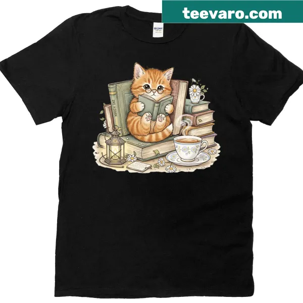 Illustration of a kitten reading among books on a T-shirt
