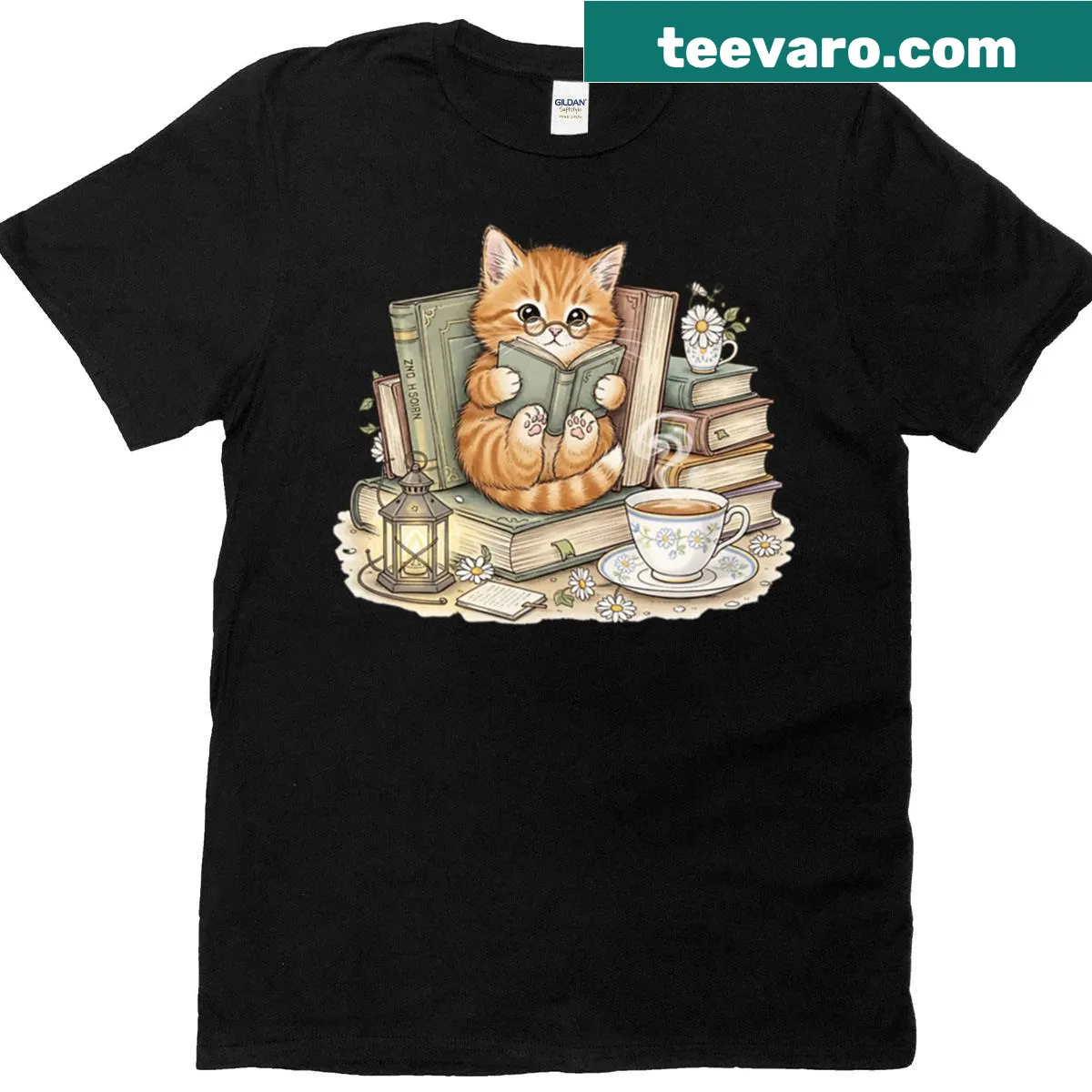 Illustration of a kitten reading among books on a T-shirt — on a men's t-shirt