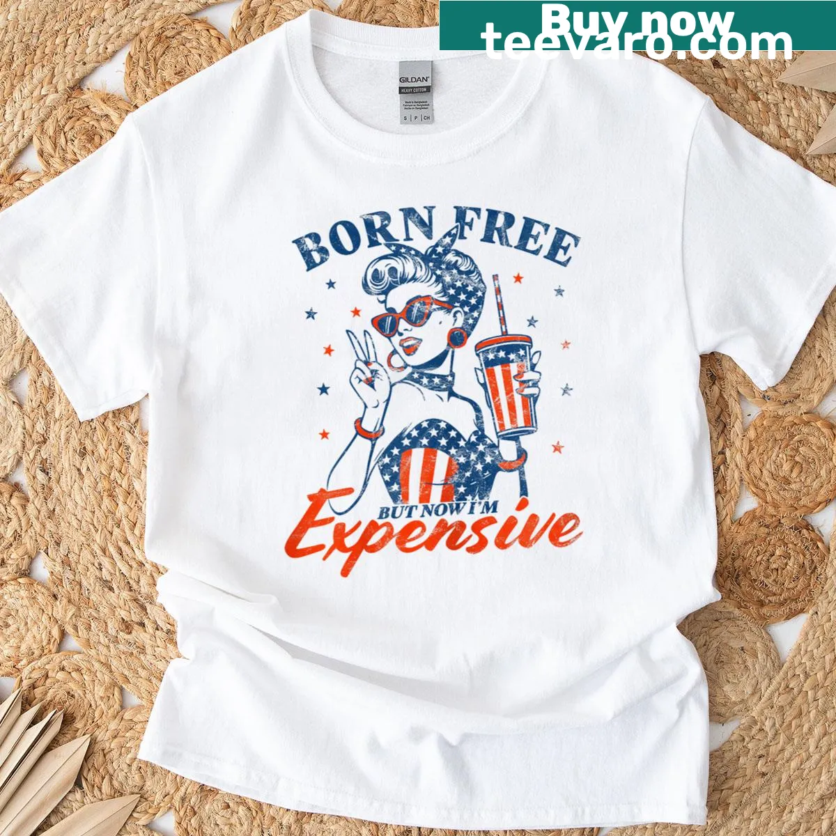 Funny T-shirt with 'Born Free But Now Im Expensive' text — on a men's t-shirt