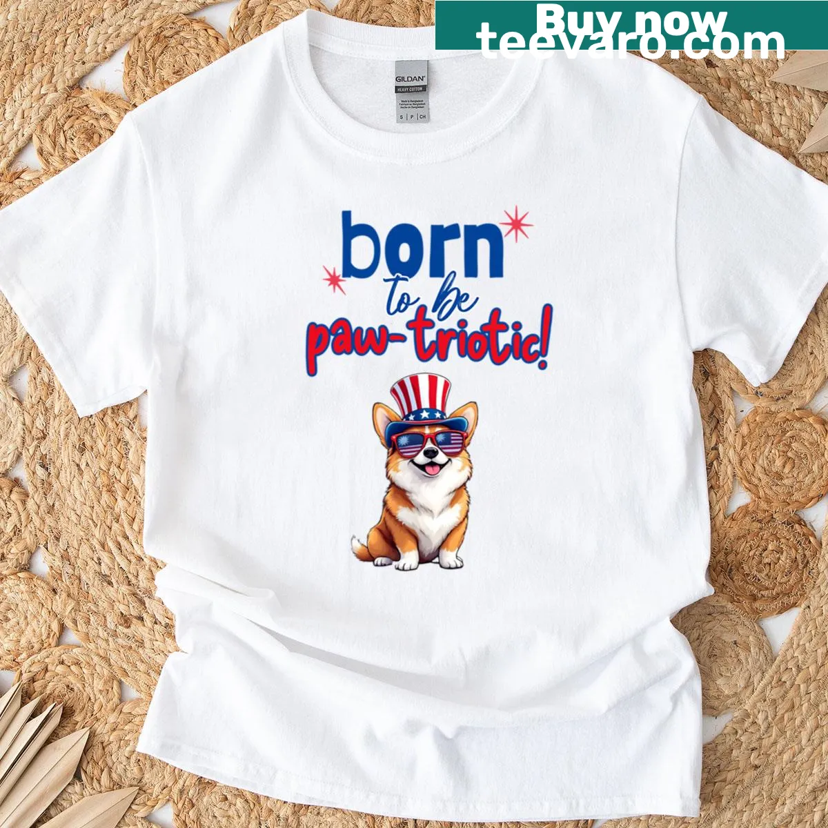 Oversized T-shirt featuring a corgi and 'Born To Be Paw-triotic' text — on a men's t-shirt