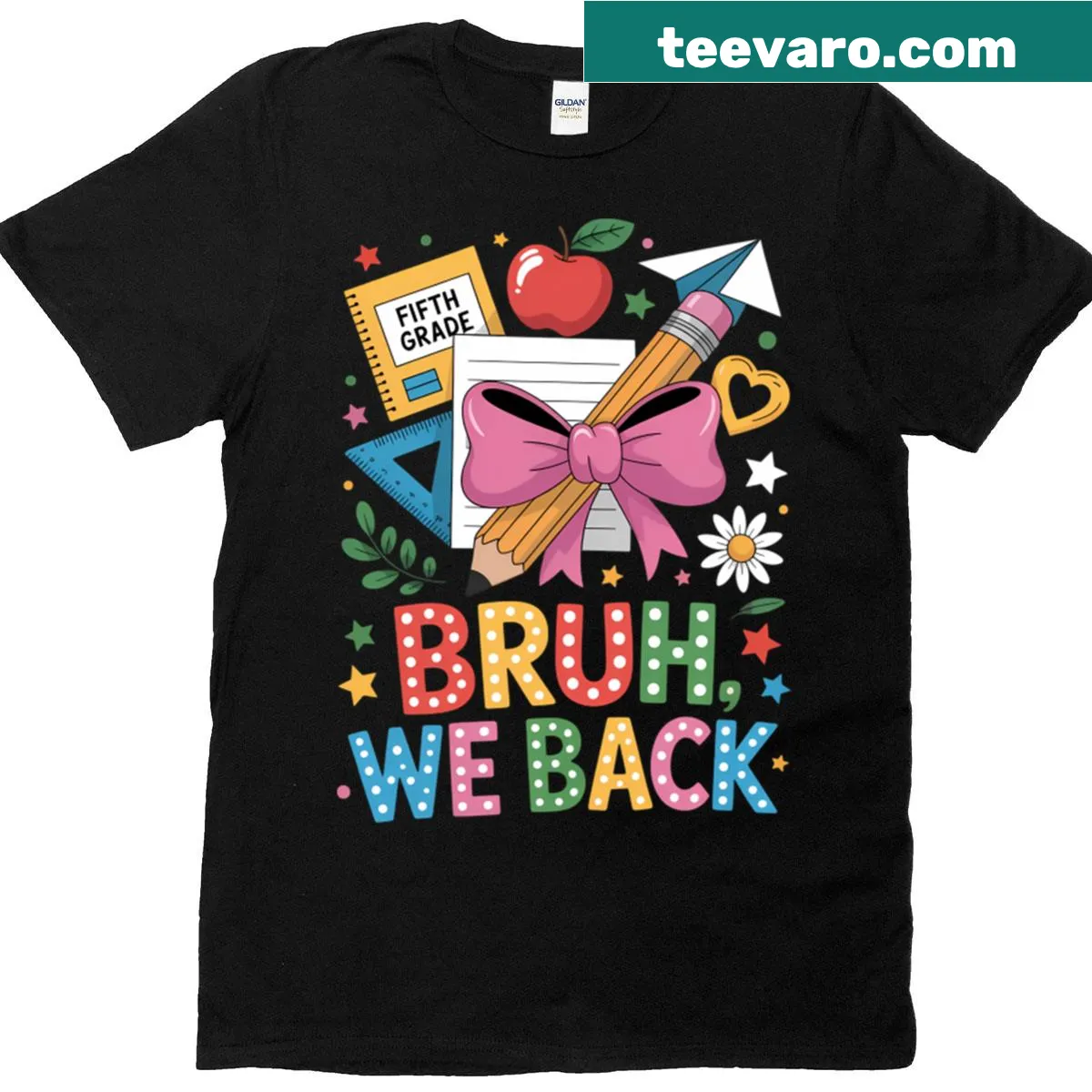 Fifth Grade themed shirt with pencil and bow graphic — on a men's t-shirt