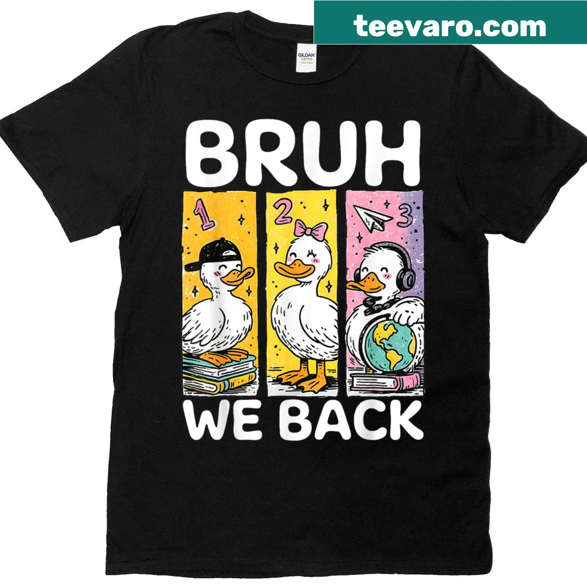 Silly Goose T-shirt with 'Bruh We Back' text designed for teachers — on a men's t-shirt