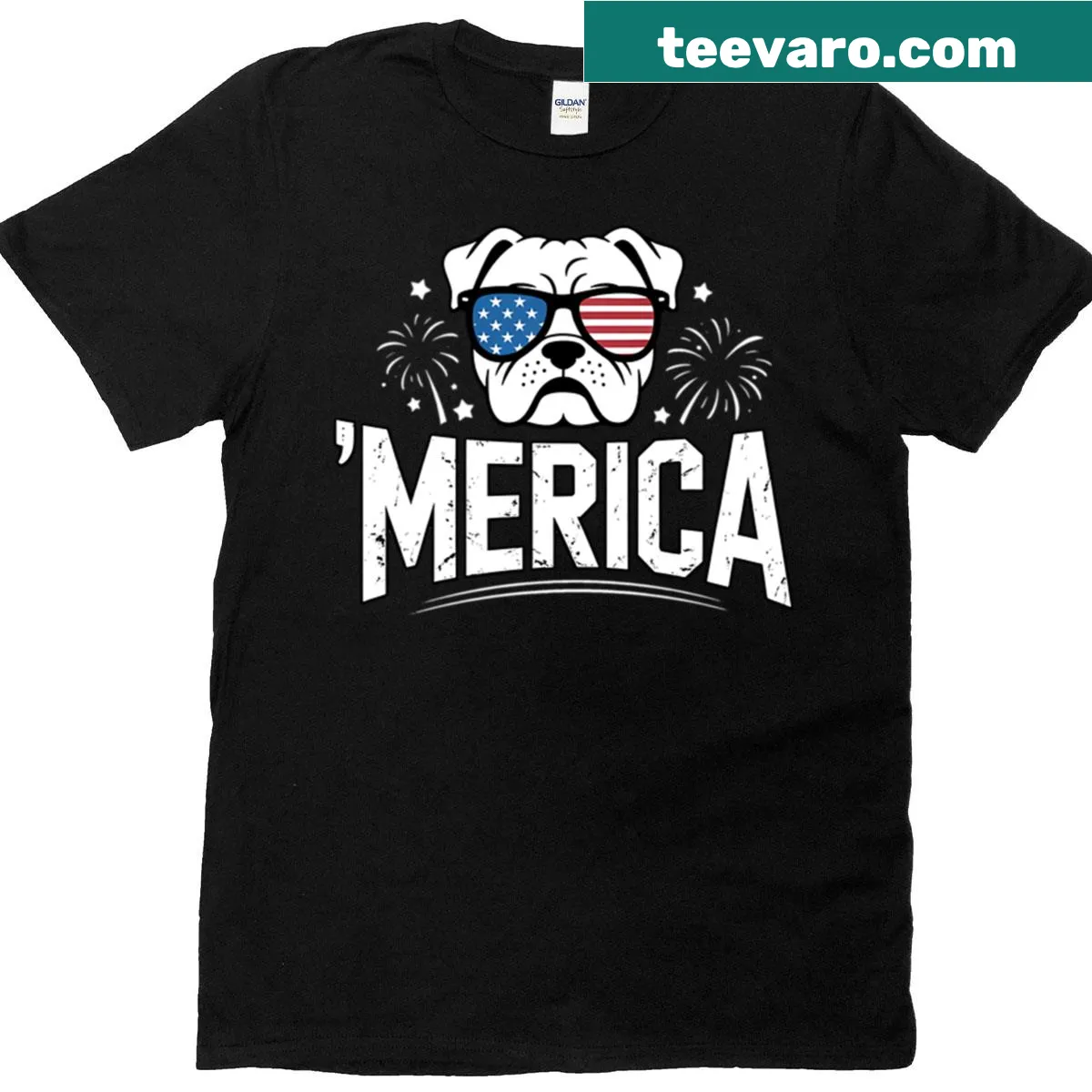 Patriotic T-shirt featuring a bulldog graphic for July 4th — on a men's t-shirt