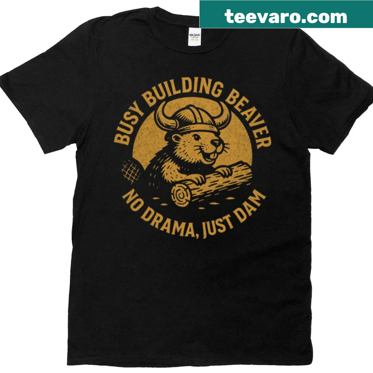 Funny beaver pun t-shirt featuring the phrase 'No Drama Just Dam' — on a men's t-shirt