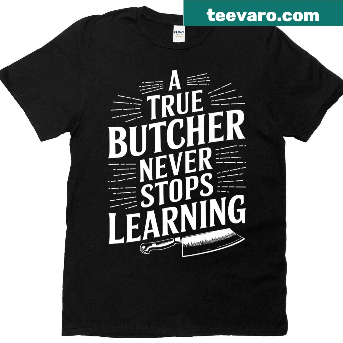 Inspirational typography t-shirt for butchers with learning theme — on a men's t-shirt