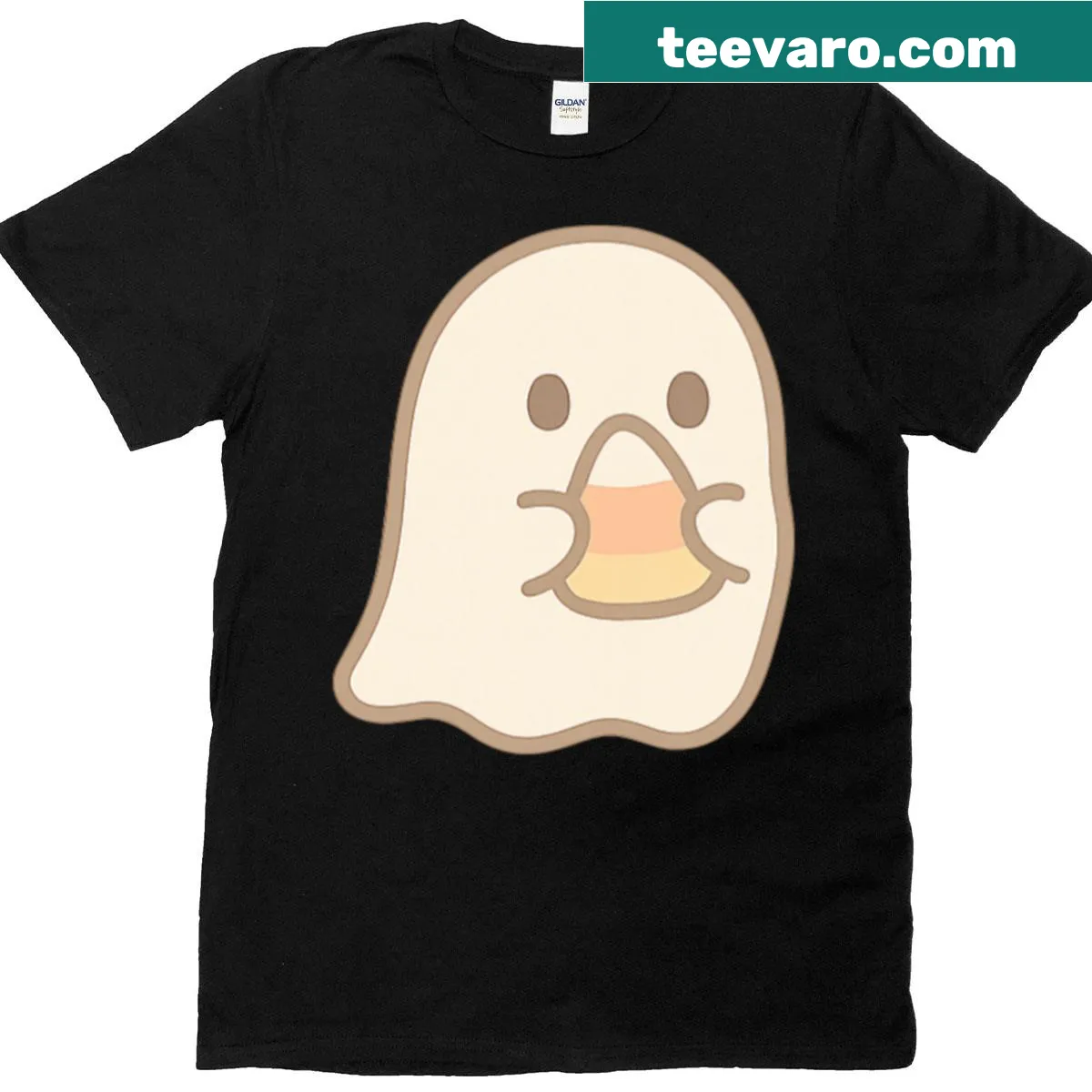 Cute Halloween T-shirt featuring a candy corn ghost — on a men's t-shirt