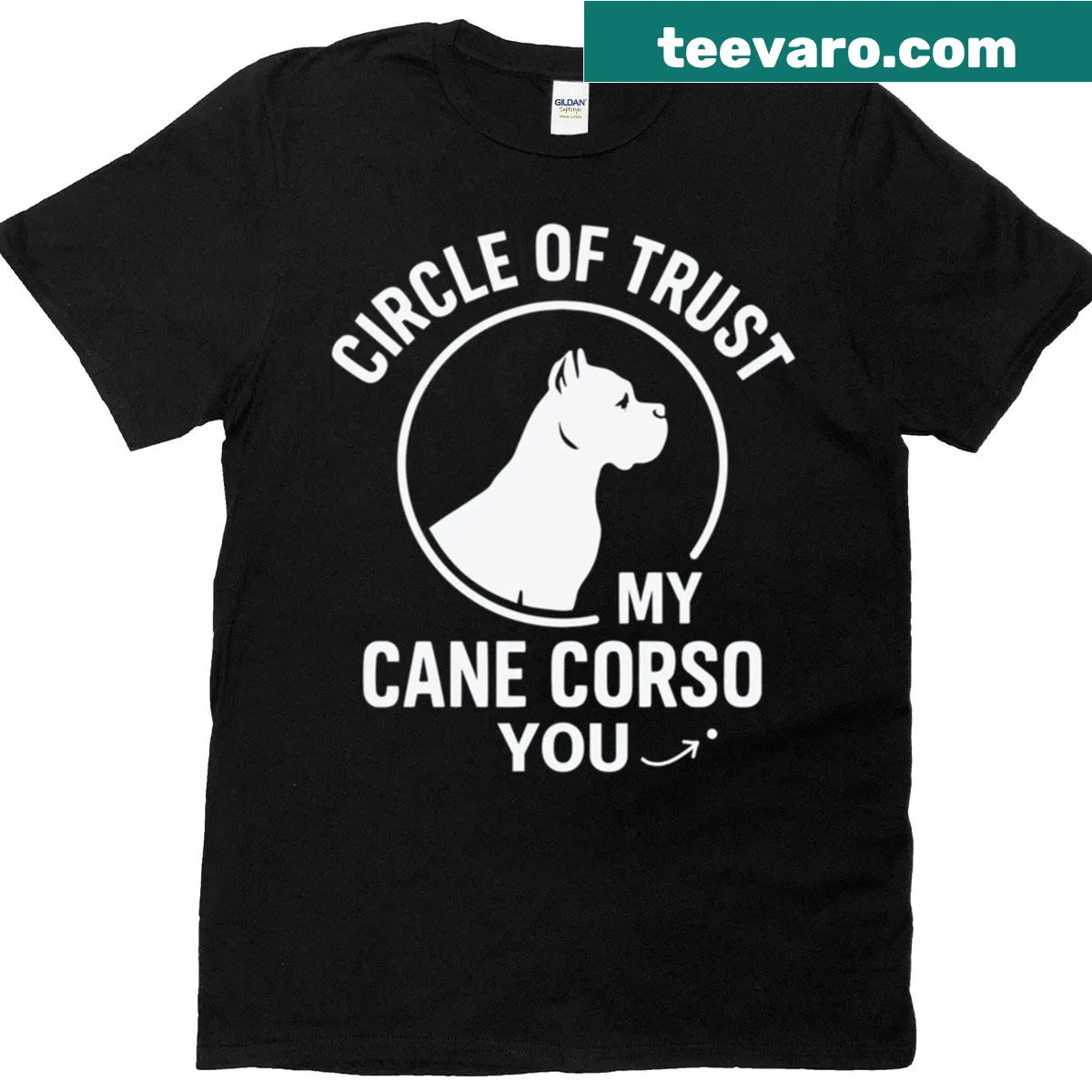 Funny t-shirt for Cane Corso dog lovers with 'Circle Of Trust' text — on a men's t-shirt