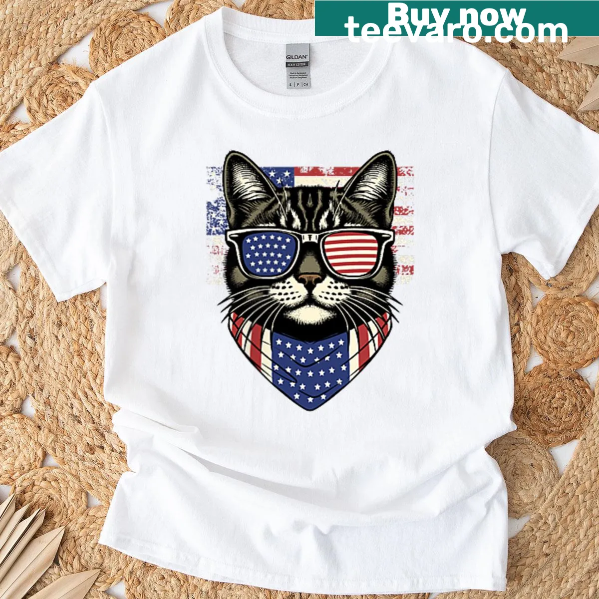 Funny Fourth of July t-shirt with a cat and humorous text — on a men's t-shirt