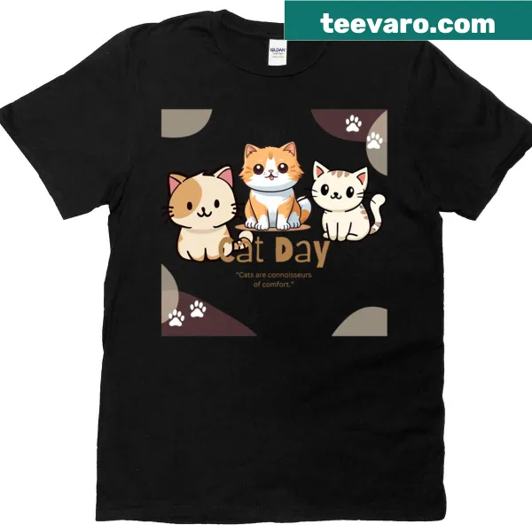 Illustrated T-shirt celebrating Cat Day with cute cat graphics