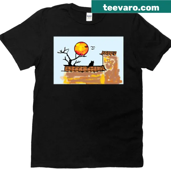 T-shirt with a cat relaxing in a sunny house under a tree