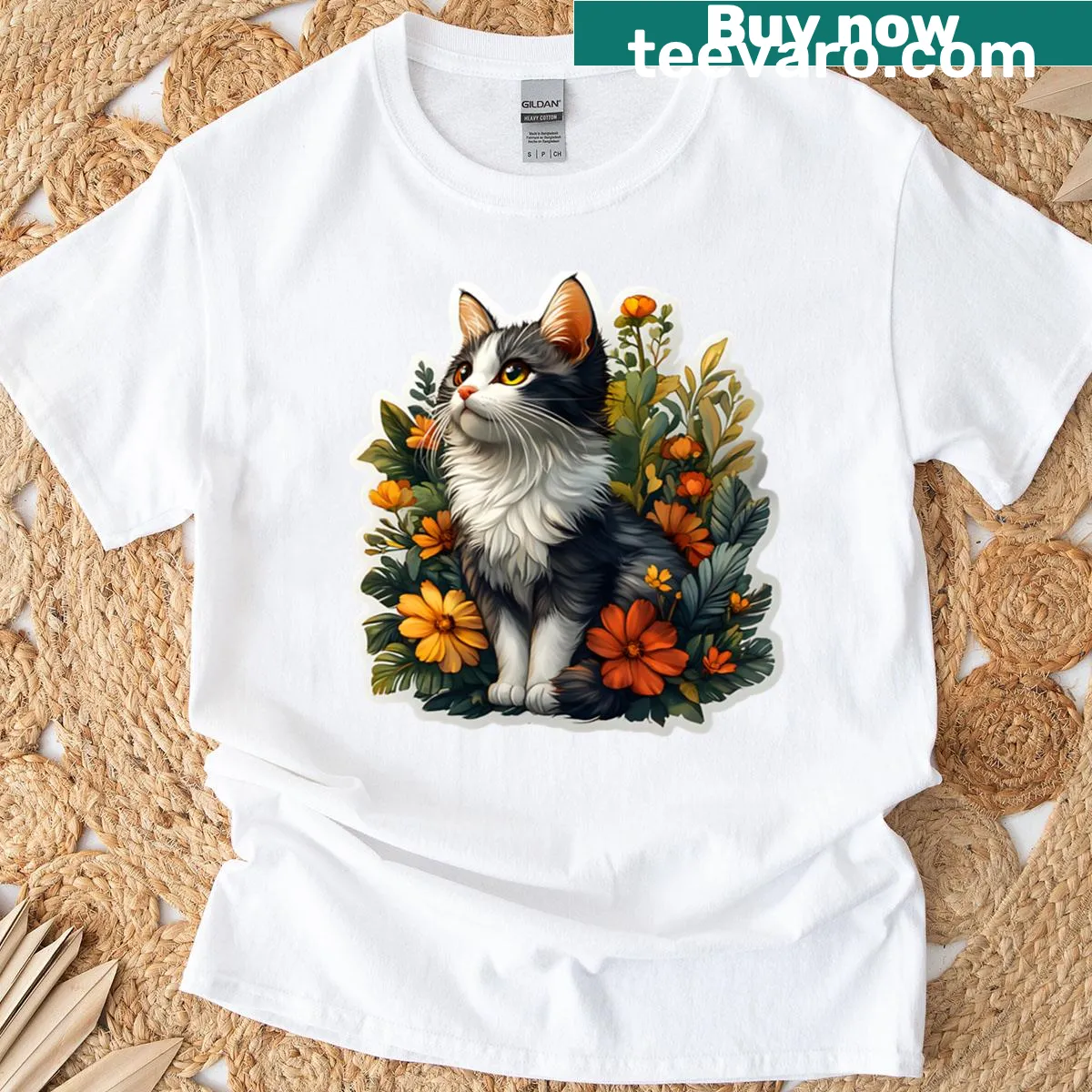 Illustration of a cat surrounded by flowers in a garden setting — on a men's t-shirt