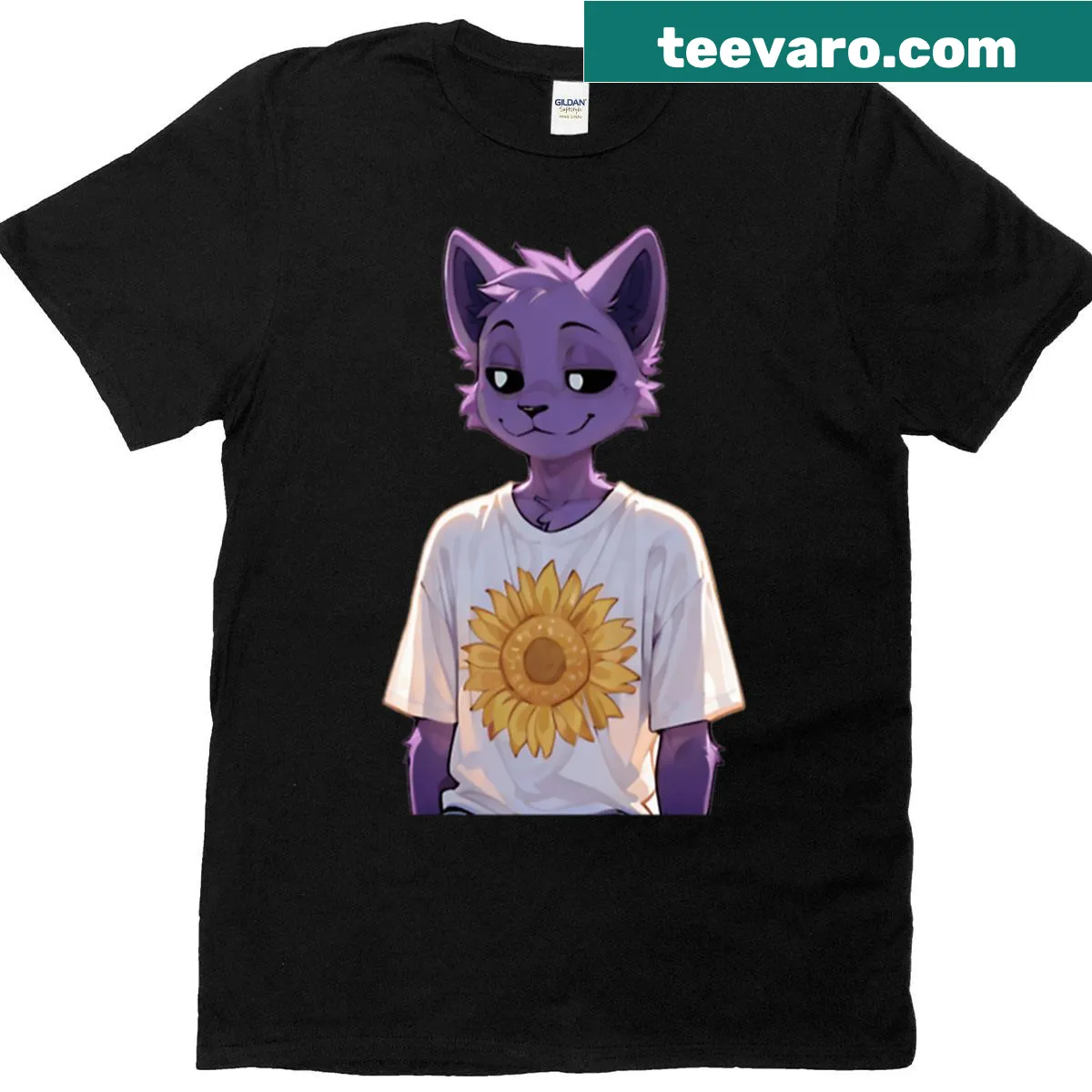 T-shirt with a cat napping among sunflowers on a sunny day — on a men's t-shirt