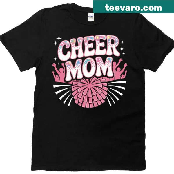 Sparkly pink pom pom design on a T-shirt for cheer moms