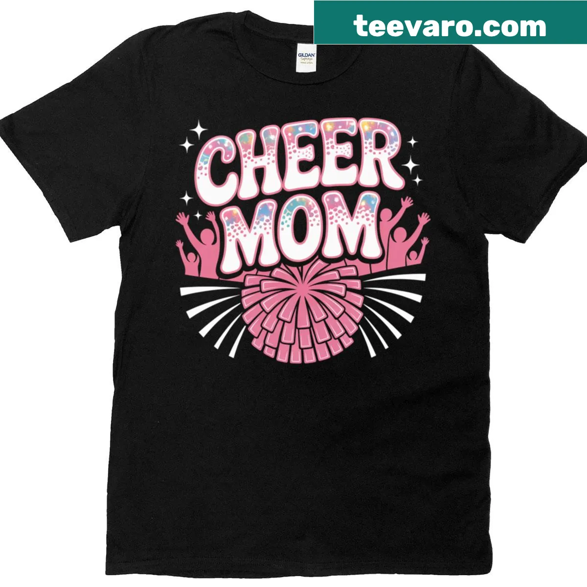 Sparkly pink pom pom design on a T-shirt for cheer moms — on a men's t-shirt