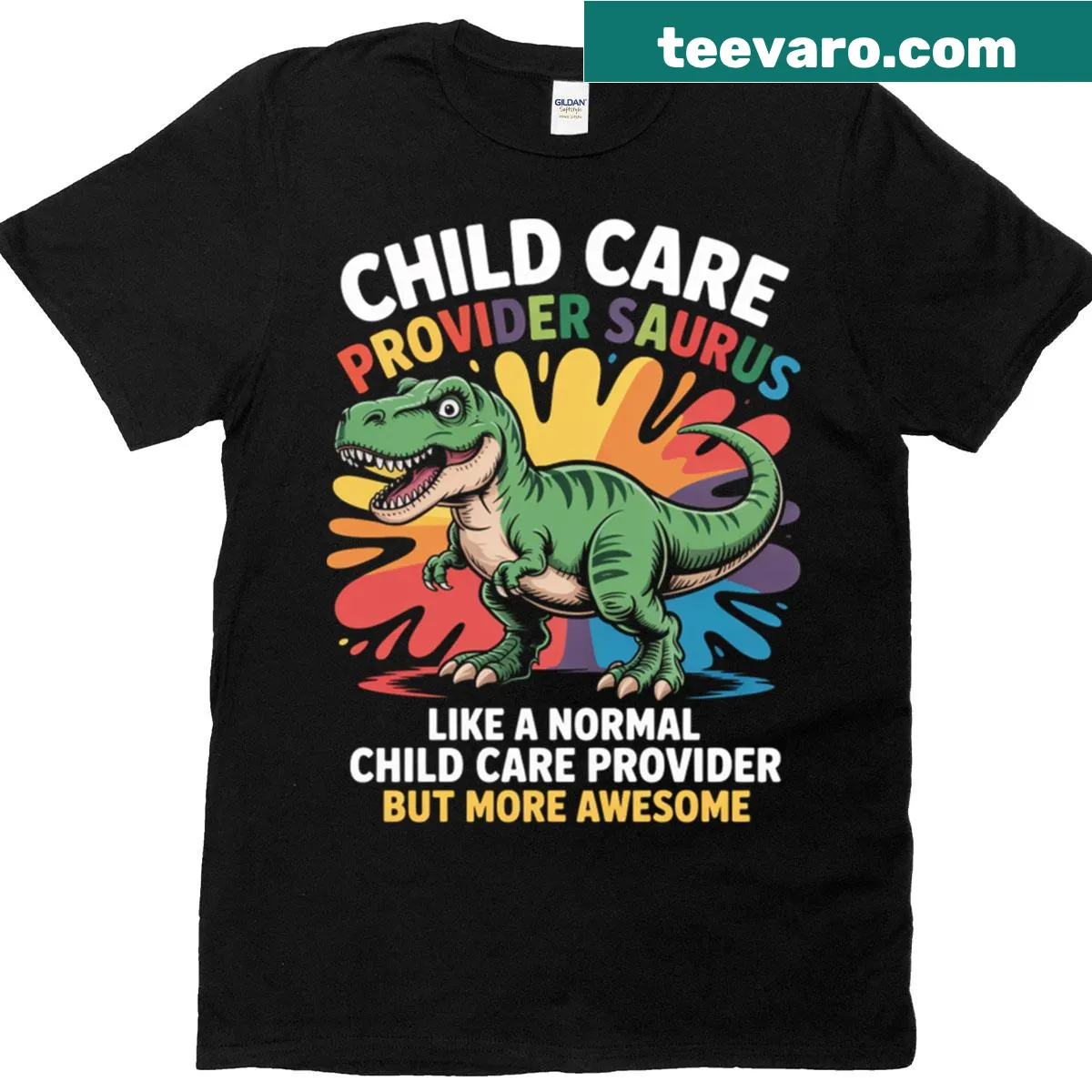 Illustration of a dinosaur teacher for childcare providers on a t-shirt — on a men's t-shirt