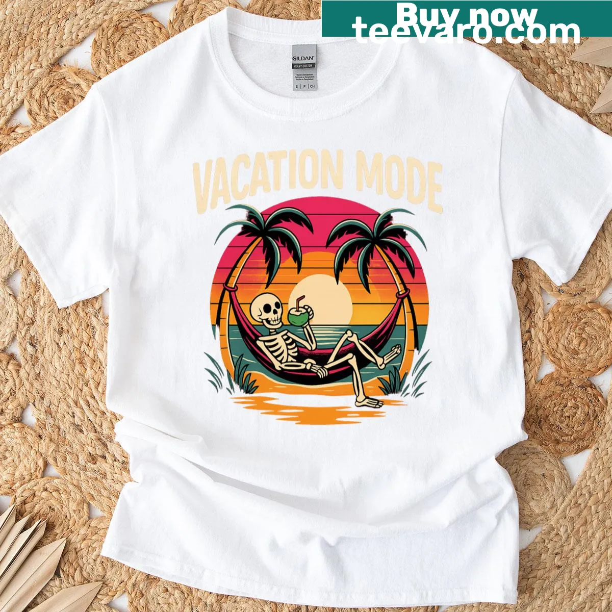 Funny retro skeleton hammock design T-shirt — on a men's t-shirt
