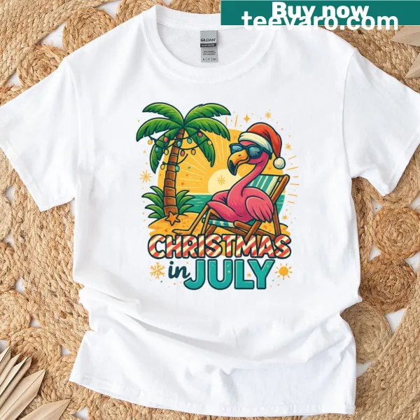 Tropical Santa and flamingo illustration T-shirt