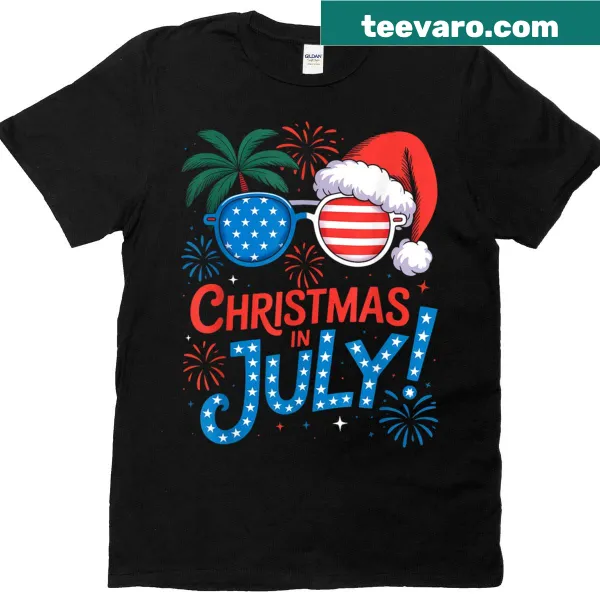 T-shirt depicting Santa on a beach with USA flag theme for Christmas in July.