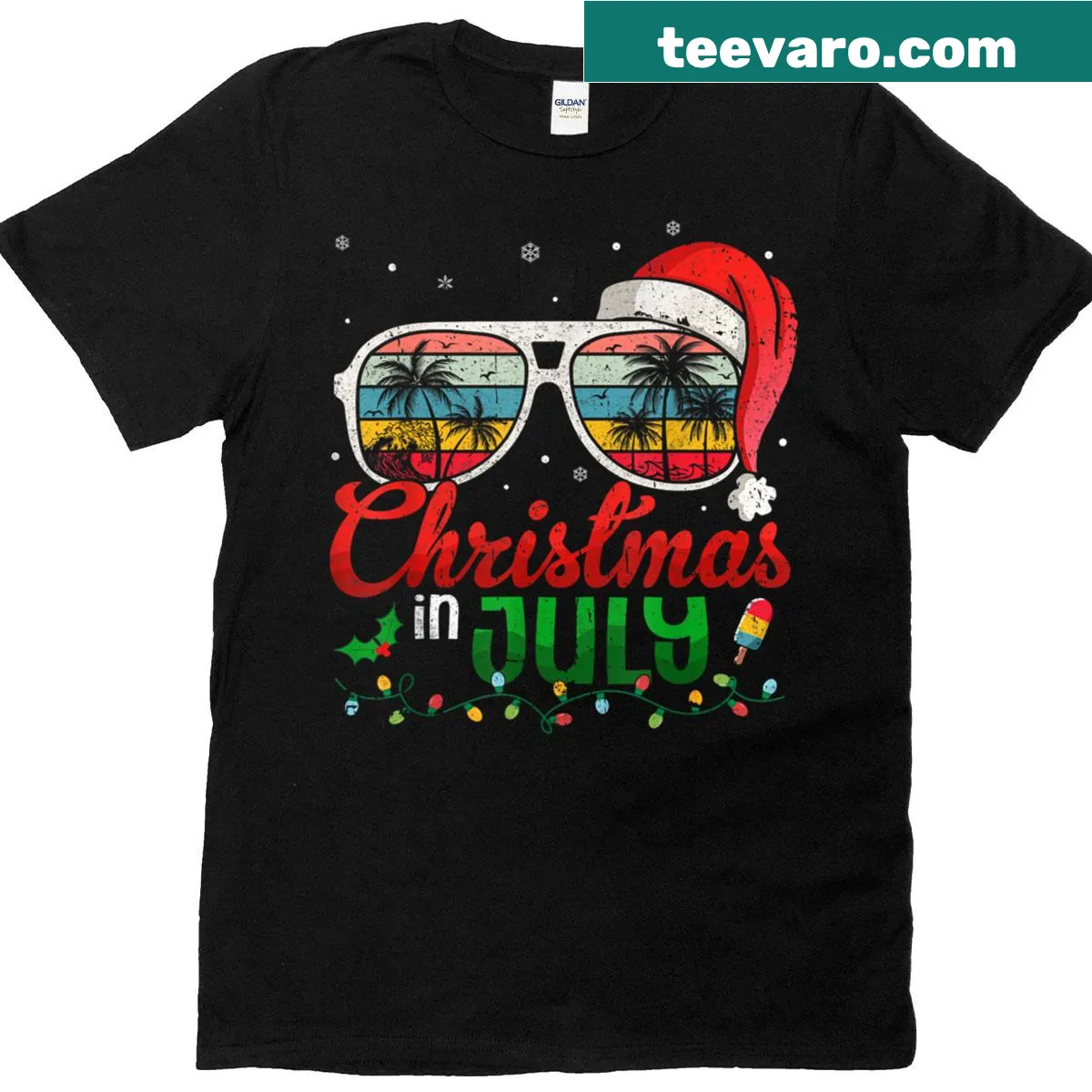 Santa wearing sunglasses and a hat for a Christmas in July t-shirt — on a men's t-shirt